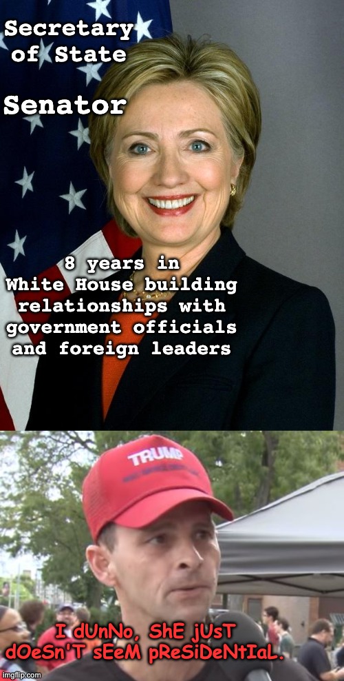 Secretary of State Senator 8 years in White House building relationships with government officials and foreign leaders I dUnNo, ShE jUsT dOe | image tagged in memes,hillary clinton,trump supporter | made w/ Imgflip meme maker