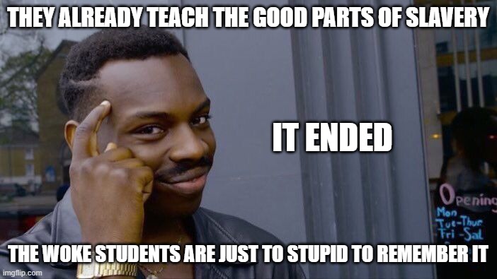 Roll Safe Think About It Meme | THEY ALREADY TEACH THE GOOD PARTS OF SLAVERY THE WOKE STUDENTS ARE JUST TO STUPID TO REMEMBER IT IT ENDED | image tagged in memes,roll safe think about it | made w/ Imgflip meme maker