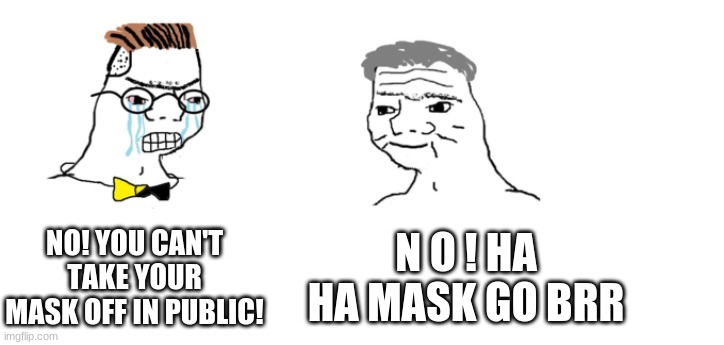 nooo haha go brrr | NO! YOU CAN'T TAKE YOUR MASK OFF IN PUBLIC! N O ! HA HA MASK GO BRR | image tagged in nooo haha go brrr | made w/ Imgflip meme maker