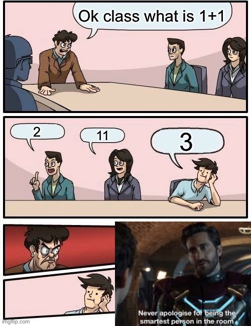 Tru | Ok class what is 1+1; 2; 11; 3 | image tagged in memes,boardroom meeting suggestion | made w/ Imgflip meme maker