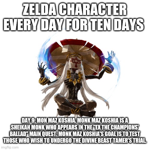 ZELDA CHARACTER EVERY DAY FOR TEN DAYS; DAY 9: MON MAZ KOSHIA. MONK MAZ KOSHIA IS A SHEIKAH MONK WHO APPEARS IN THE "EX THE CHAMPIONS' BALLAD" MAIN QUEST. MONK MAZ KOSHIA'S GOAL IS TO TEST THOSE WHO WISH TO UNDERGO THE DIVINE BEAST TAMER'S TRIAL. | made w/ Imgflip meme maker