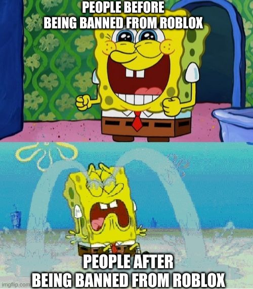 spongebob happy and sad | PEOPLE BEFORE BEING BANNED FROM ROBLOX; PEOPLE AFTER BEING BANNED FROM ROBLOX | image tagged in spongebob happy and sad,depression,roblox,wahhh | made w/ Imgflip meme maker