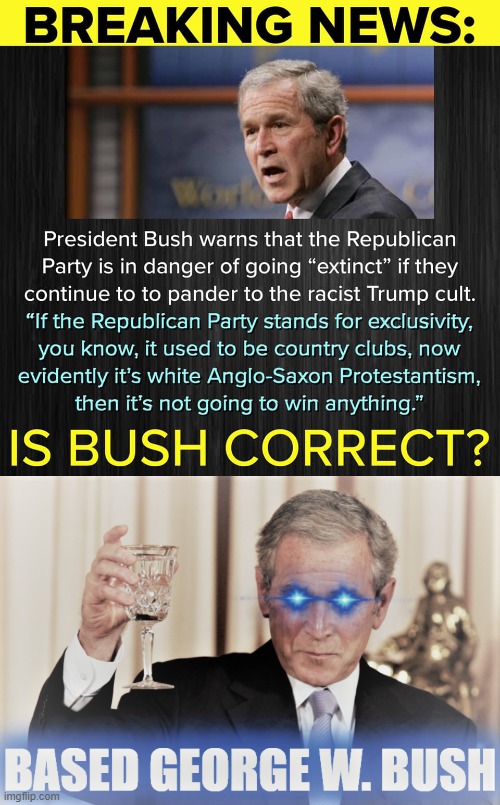 DON'T PAY ATTENTION TO THE MEME, NO HE'S NOT RIGHT: fuck lying warmongering fearmongering criminal Bush. #MAGA #Trump2024 #GOP | image tagged in based george w bush,based george w bush redux,george w bush,george bush,war criminal,maga | made w/ Imgflip meme maker