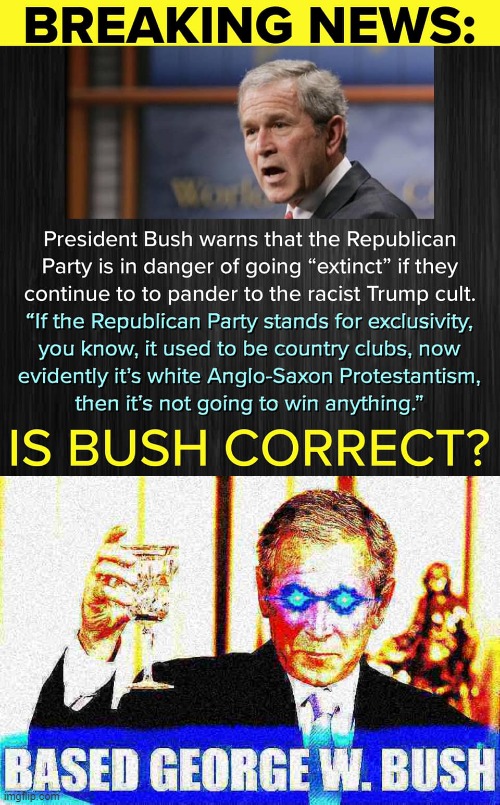Based George W. Bush | image tagged in based george w bush,based george w bush deep-fried 1,george bush,george w bush,gop,republican party | made w/ Imgflip meme maker