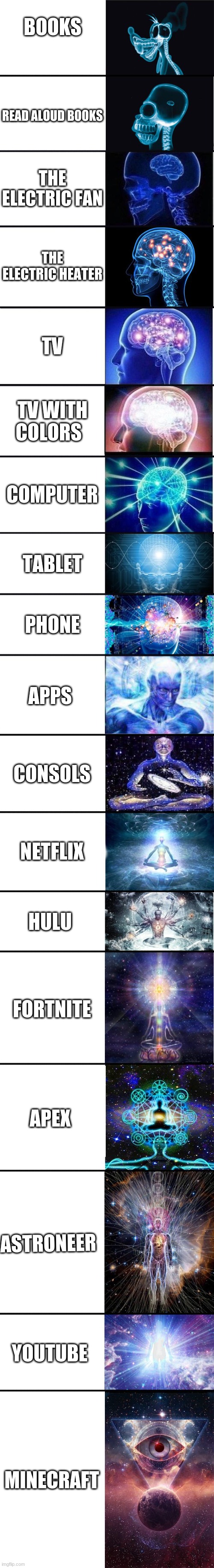 expanding brain: 9001 | BOOKS; READ ALOUD BOOKS; THE ELECTRIC FAN; THE ELECTRIC HEATER; TV; TV WITH COLORS; COMPUTER; TABLET; PHONE; APPS; CONSOLS; NETFLIX; HULU; FORTNITE; APEX; ASTRONEER; YOUTUBE; MINECRAFT | image tagged in expanding brain 9001 | made w/ Imgflip meme maker