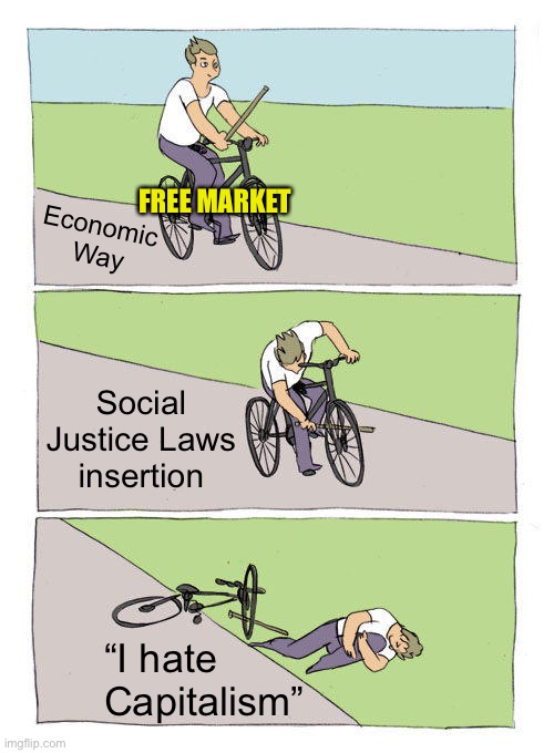 How Not To Ride The Free Market | FREE MARKET; Economic 
Way; Social Justice Laws insertion; “I hate Capitalism” | image tagged in bike fall,free market capitalism,social justice laws,fail | made w/ Imgflip meme maker