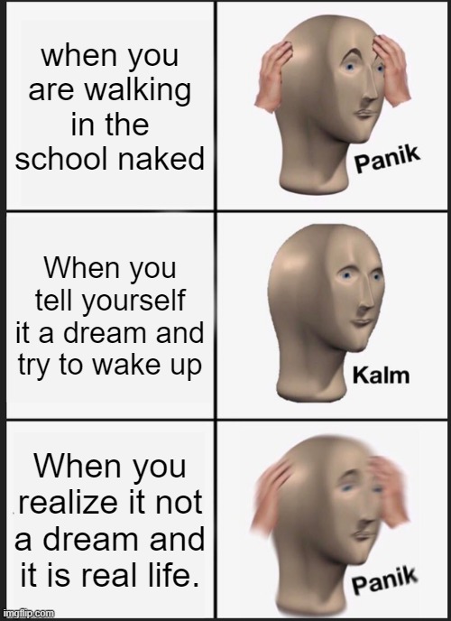 Panik Kalm Panik Meme | when you are walking in the school naked; When you tell yourself it a dream and try to wake up; When you realize it not a dream and it is real life. | image tagged in memes,panik kalm panik | made w/ Imgflip meme maker