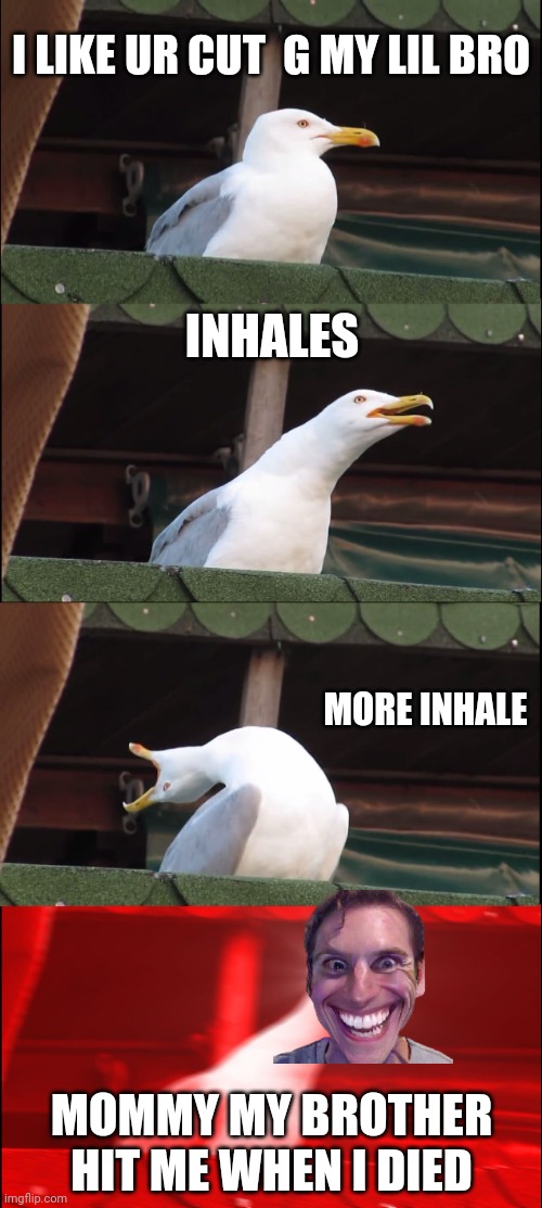Inhaling Seagull | I LIKE UR CUT  G MY LIL BRO; INHALES; MORE INHALE; MOMMY MY BROTHER HIT ME WHEN I DIED | image tagged in memes,inhaling seagull,when the imposter is sus | made w/ Imgflip meme maker
