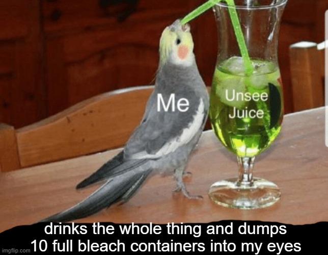 Unsee juice | drinks the whole thing and dumps 10 full bleach containers into my eyes | image tagged in unsee juice | made w/ Imgflip meme maker