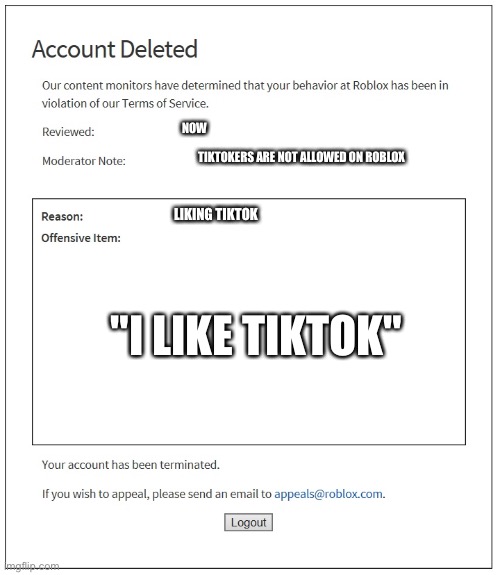 banned from ROBLOX | NOW; TIKTOKERS ARE NOT ALLOWED ON ROBLOX; LIKING TIKTOK; "I LIKE TIKTOK" | image tagged in banned from roblox | made w/ Imgflip meme maker