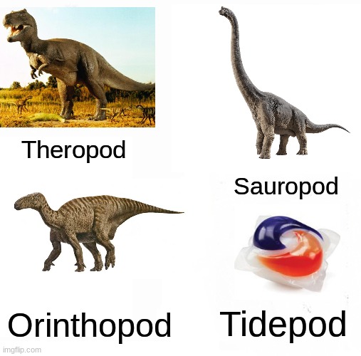 the 4 pods | Theropod; Sauropod; Orinthopod; Tidepod | image tagged in memes,dank memes,t-rex,dinosaur,tide pod,dinosaurs | made w/ Imgflip meme maker