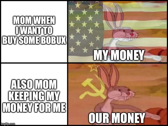 Capitalist and communist | MOM WHEN I WANT TO BUY SOME BOBUX; MY MONEY; ALSO MOM KEEPING MY MONEY FOR ME; OUR MONEY | image tagged in capitalist and communist | made w/ Imgflip meme maker
