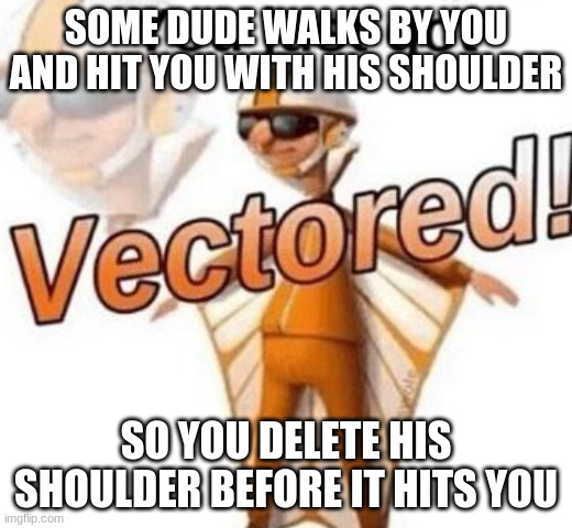 SHOULDERED! | SOME DUDE WALKS BY YOU AND HIT YOU WITH HIS SHOULDER; SO YOU DELETE HIS SHOULDER BEFORE IT HITS YOU | image tagged in you just got vectored | made w/ Imgflip meme maker