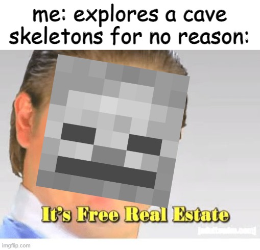 the most annoying dead people | me: explores a cave
skeletons for no reason: | image tagged in it's free real estate | made w/ Imgflip meme maker