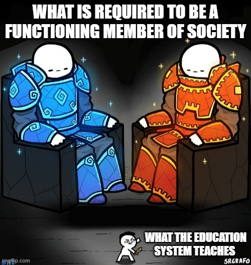 12 years of my life, wasted | WHAT IS REQUIRED TO BE A FUNCTIONING MEMBER OF SOCIETY; WHAT THE EDUCATION SYSTEM TEACHES | image tagged in two giants looking at a small guy | made w/ Imgflip meme maker