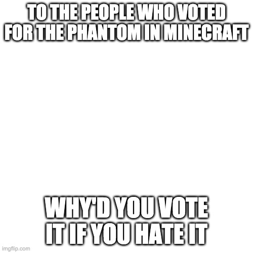 Blank Transparent Square Meme | TO THE PEOPLE WHO VOTED FOR THE PHANTOM IN MINECRAFT; WHY'D YOU VOTE IT IF YOU HATE IT | image tagged in memes,blank transparent square | made w/ Imgflip meme maker