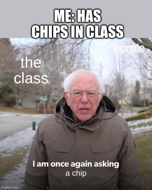 Bernie I Am Once Again Asking For Your Support | ME: HAS CHIPS IN CLASS; the class; a chip | image tagged in memes,bernie i am once again asking for your support | made w/ Imgflip meme maker
