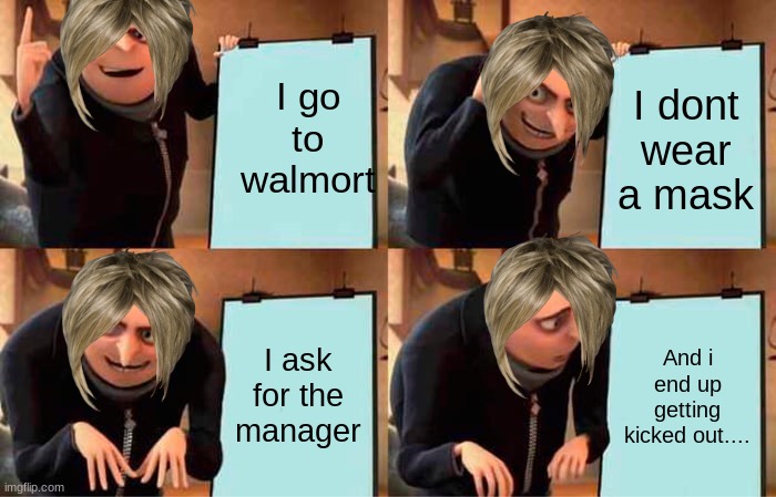 Gru's Plan Meme | I go to walmort; I dont wear a mask; I ask for the manager; And i end up getting kicked out.... | image tagged in memes,gru's plan | made w/ Imgflip meme maker