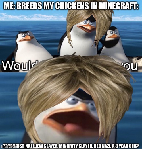 No | ME: BREEDS MY CHICKENS IN MINECRAFT:; TERRORIST, NAZI, JEW SLAYER, MINORITY SLAYER, NEO NAZI, A 3 YEAR OLD? | image tagged in bvg hate | made w/ Imgflip meme maker