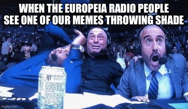 Shocked Commentators | WHEN THE EUROPEIA RADIO PEOPLE SEE ONE OF OUR MEMES THROWING SHADE | image tagged in shocked commentators | made w/ Imgflip meme maker