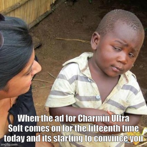 Third World Skeptical Kid Meme | When the ad for Charmin Ultra Soft comes on for the fifteenth time today and its starting to convince you | image tagged in memes,third world skeptical kid,funny,funny memes,charmin,no more toilet paper | made w/ Imgflip meme maker