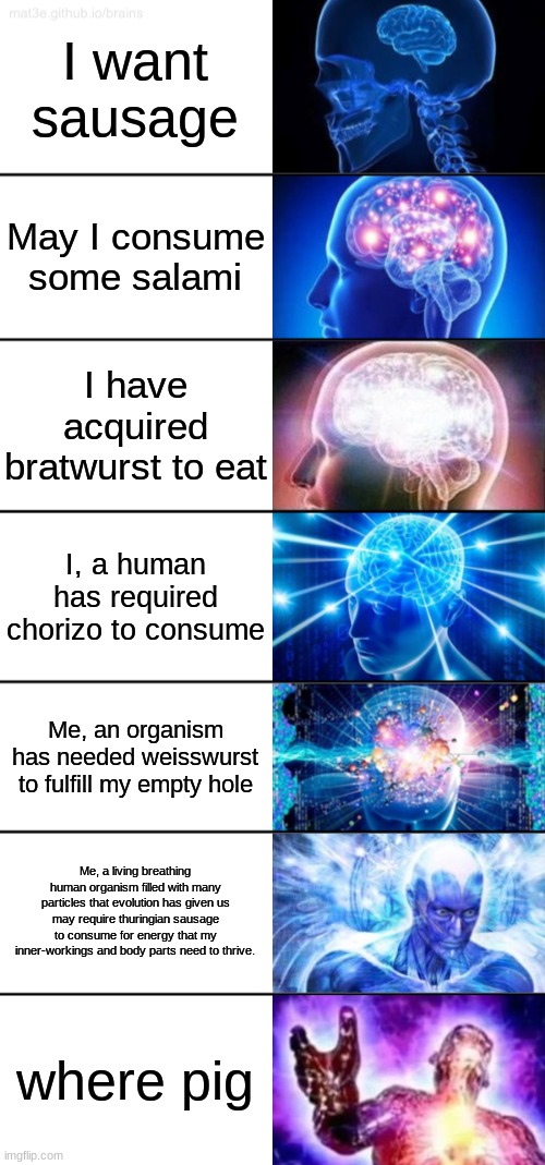 me is big bran | I want sausage; May I consume some salami; I have acquired bratwurst to eat; I, a human has required chorizo to consume; Me, an organism has needed weisswurst to fulfill my empty hole; Me, a living breathing human organism filled with many particles that evolution has given us may require thuringian sausage to consume for energy that my inner-workings and body parts need to thrive. where pig | image tagged in 7-tier expanding brain | made w/ Imgflip meme maker