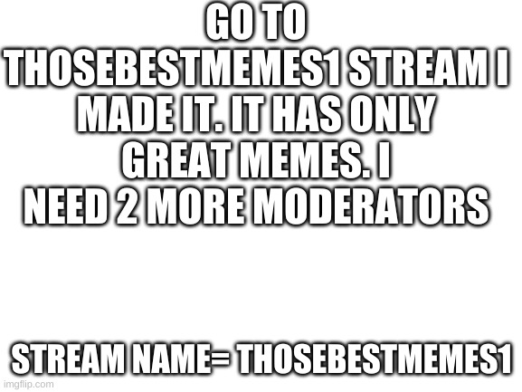 Blank White Template | GO TO THOSEBESTMEMES1 STREAM I MADE IT. IT HAS ONLY GREAT MEMES. I NEED 2 MORE MODERATORS; STREAM NAME= THOSEBESTMEMES1 | image tagged in blank white template | made w/ Imgflip meme maker