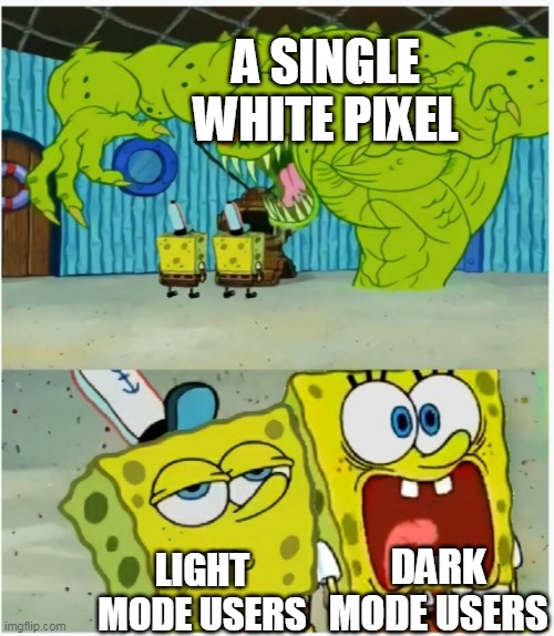 do you use dark or white imglfip? | A SINGLE WHITE PIXEL; DARK MODE USERS; LIGHT MODE USERS | image tagged in spongebob squarepants scared but also not scared | made w/ Imgflip meme maker