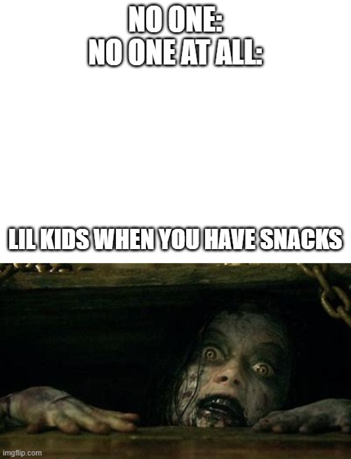 kids- | NO ONE:
NO ONE AT ALL:; LIL KIDS WHEN YOU HAVE SNACKS | image tagged in blank white template | made w/ Imgflip meme maker