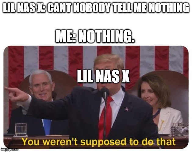 lol | LIL NAS X: CANT NOBODY TELL ME NOTHING; ME: NOTHING. LIL NAS X | image tagged in you werent supposed to do that | made w/ Imgflip meme maker