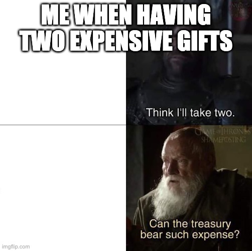 can the treasury bear such expense | ME WHEN HAVING TWO EXPENSIVE GIFTS | image tagged in can the treasury bear such expense | made w/ Imgflip meme maker