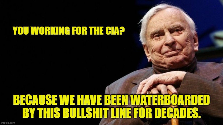 YOU WORKING FOR THE CIA? BECAUSE WE HAVE BEEN WATERBOARDED BY THIS BULLSHIT LINE FOR DECADES. | made w/ Imgflip meme maker