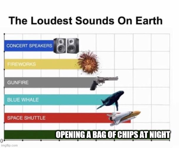 The Loudest Sounds on Earth | OPENING A BAG OF CHIPS AT NIGHT | image tagged in the loudest sounds on earth,so true memes | made w/ Imgflip meme maker