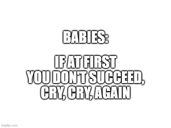 Baby Motto | IF AT FIRST YOU DON'T SUCCEED, CRY, CRY, AGAIN; BABIES: | image tagged in blank white template | made w/ Imgflip meme maker