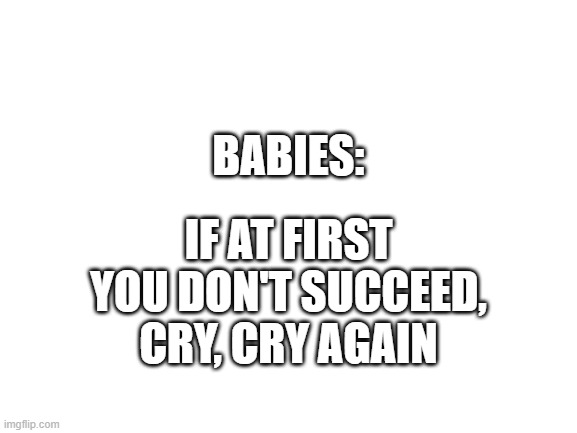 Baby Motto | BABIES:; IF AT FIRST YOU DON'T SUCCEED, CRY, CRY AGAIN | image tagged in blank white template | made w/ Imgflip meme maker