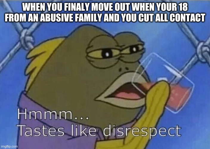 rgetrrrtyu6nefytj | WHEN YOU FINALY MOVE OUT WHEN YOUR 18 FROM AN ABUSIVE FAMILY AND YOU CUT ALL CONTACT | image tagged in blank tastes like disrespect | made w/ Imgflip meme maker