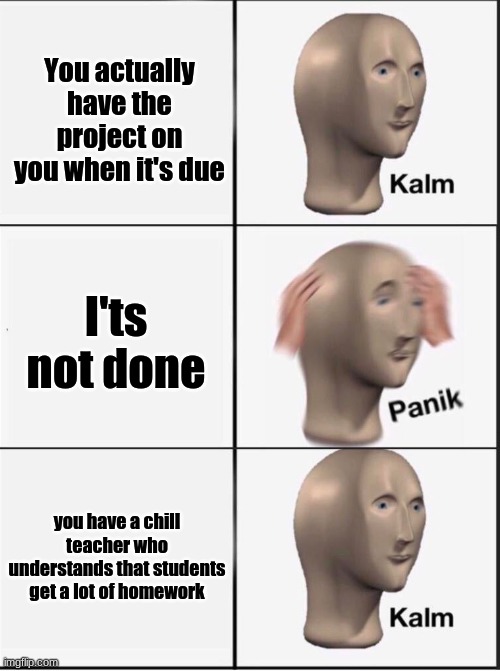 ^~^ | You actually have the project on you when it's due; I'ts not done; you have a chill teacher who understands that students get a lot of homework | image tagged in reverse kalm panik | made w/ Imgflip meme maker