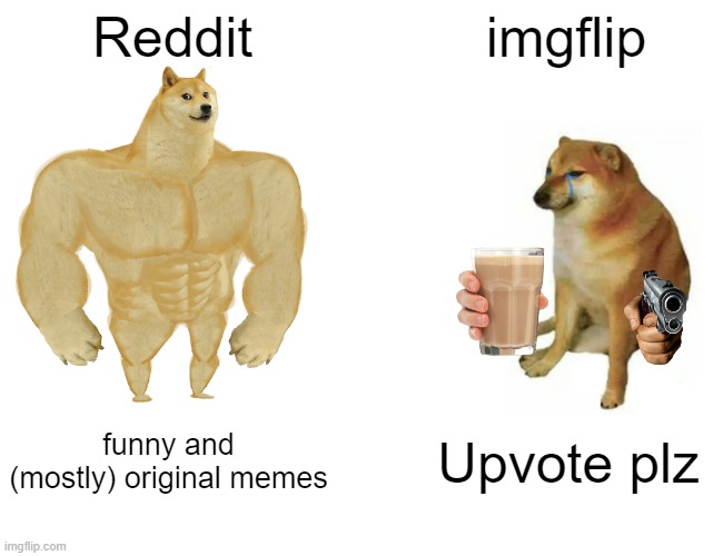 Buff Doge vs. Cheems | Reddit; imgflip; funny and (mostly) original memes; Upvote plz | image tagged in memes,buff doge vs cheems | made w/ Imgflip meme maker