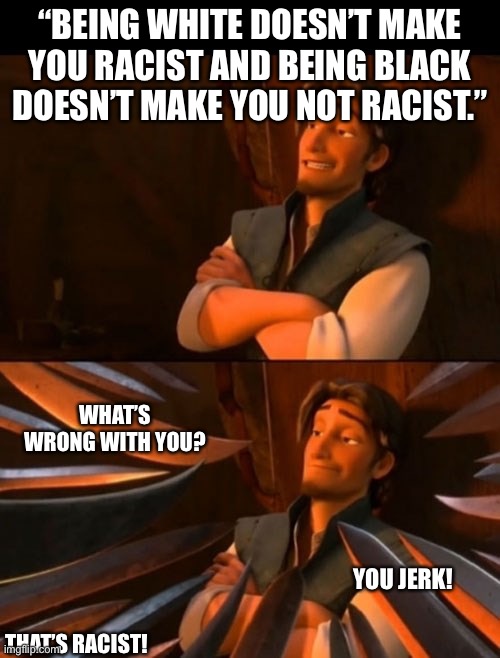 Unpopular opinion time | “BEING WHITE DOESN’T MAKE YOU RACIST AND BEING BLACK DOESN’T MAKE YOU NOT RACIST.”; WHAT’S WRONG WITH YOU? YOU JERK! THAT’S RACIST! | image tagged in flynn rider about to state unpopular opinion then knives | made w/ Imgflip meme maker