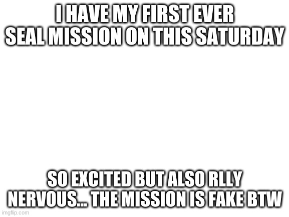Blank White Template | I HAVE MY FIRST EVER SEAL MISSION ON THIS SATURDAY; SO EXCITED BUT ALSO RLLY NERVOUS... THE MISSION IS FAKE BTW | image tagged in blank white template | made w/ Imgflip meme maker