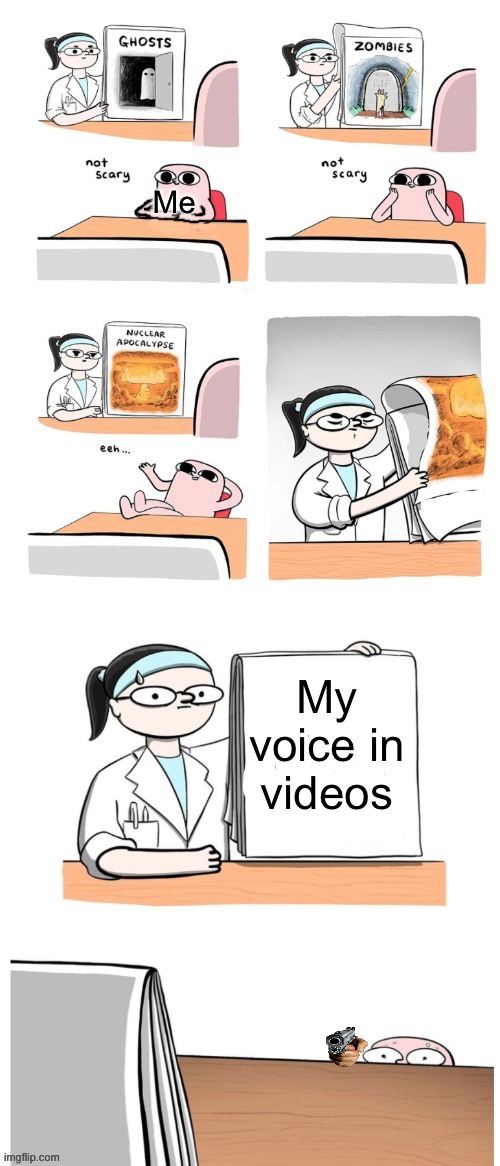 Pls don’t hate if it’s a reupload | Me; My voice in videos | image tagged in not scary,voice,in my head,memes,funny | made w/ Imgflip meme maker