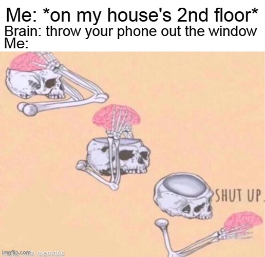 skeleton shut up meme | Me: *on my house's 2nd floor*; Brain: throw your phone out the window; Me: | image tagged in skeleton shut up meme | made w/ Imgflip meme maker