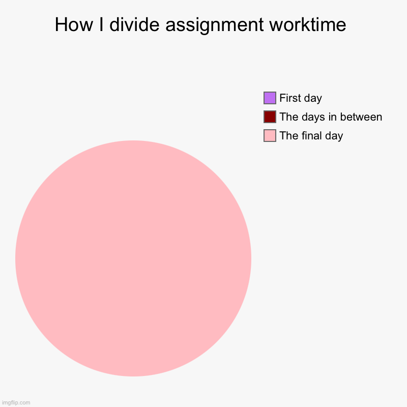 That’s just the way I do it | How I divide assignment worktime | The final day, The days in between, First day | image tagged in charts,pie charts | made w/ Imgflip chart maker