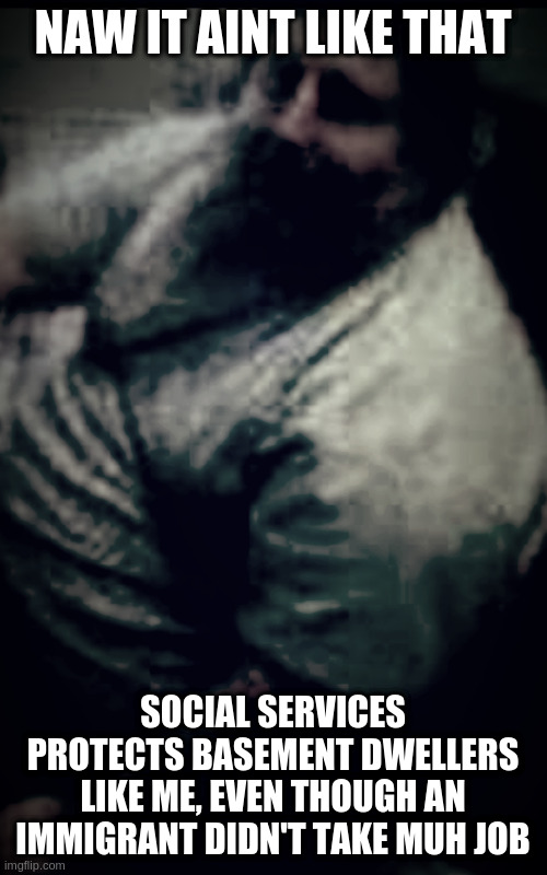 Buddy T Rump | NAW IT AINT LIKE THAT; SOCIAL SERVICES PROTECTS BASEMENT DWELLERS LIKE ME, EVEN THOUGH AN IMMIGRANT DIDN'T TAKE MUH JOB | image tagged in buddy t rump | made w/ Imgflip meme maker