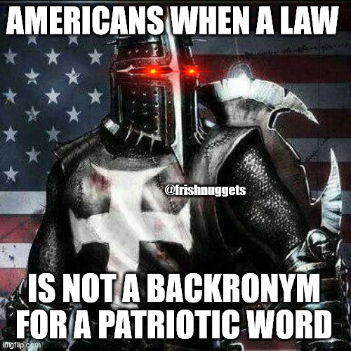 FrEeDoM aCt | AMERICANS WHEN A LAW; @frishnuggets; IS NOT A BACKRONYM FOR A PATRIOTIC WORD | image tagged in mrrican crusader knight guy | made w/ Imgflip meme maker