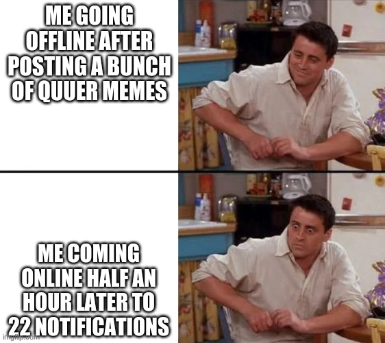 Surprised Joey | ME GOING OFFLINE AFTER POSTING A BUNCH OF QUUER MEMES; ME COMING ONLINE HALF AN HOUR LATER TO 22 NOTIFICATIONS | image tagged in surprised joey | made w/ Imgflip meme maker