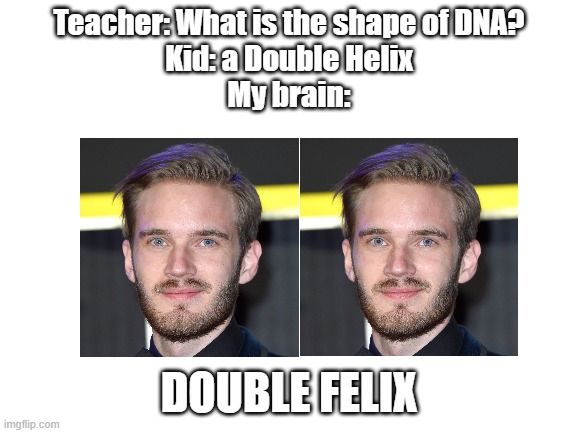._. | Teacher: What is the shape of DNA?
Kid: a Double Helix
My brain:; DOUBLE FELIX | image tagged in blank white template,bruh,funny thought | made w/ Imgflip meme maker