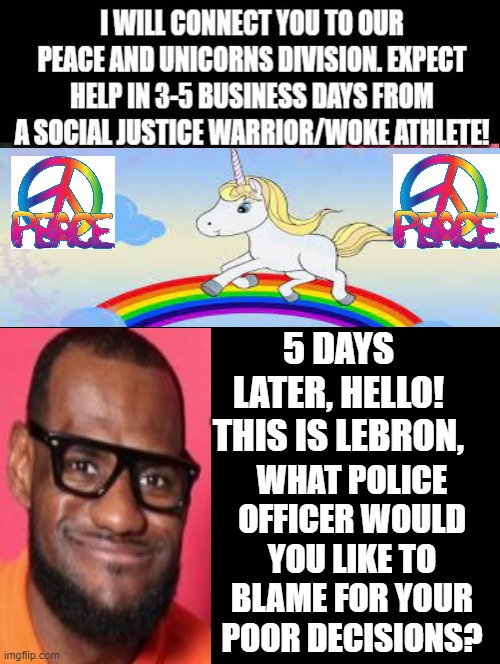 Peace and Unicorns Division | 5 DAYS LATER, HELLO! THIS IS LEBRON, WHAT POLICE OFFICER WOULD YOU LIKE TO BLAME FOR YOUR POOR DECISIONS? | image tagged in lebron,moron,idiots,stupid liberals | made w/ Imgflip meme maker