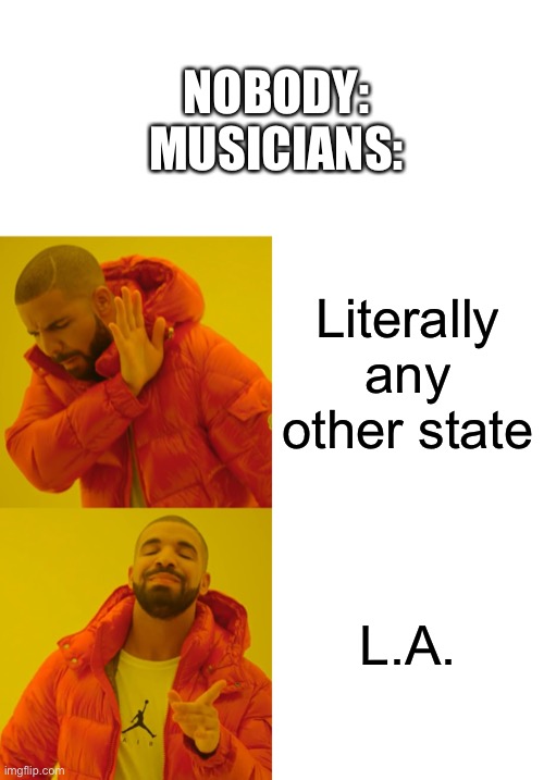 m u s i c | NOBODY:
MUSICIANS:; Literally any other state; L.A. | image tagged in white rectangle,memes,drake hotline bling | made w/ Imgflip meme maker