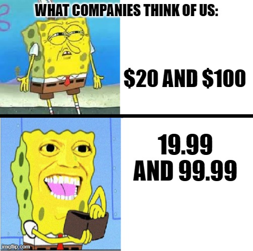 Spongebob money meme | WHAT COMPANIES THINK OF US:; $20 AND $100; 19.99 AND 99.99 | image tagged in spongebob money meme | made w/ Imgflip meme maker